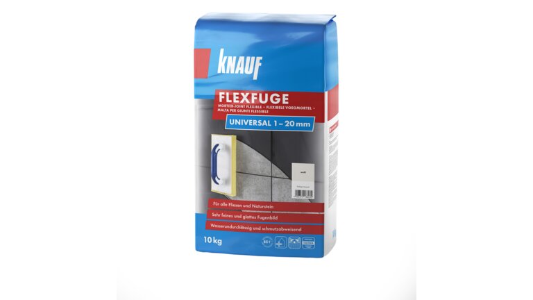 Knauf Flexfuge, 10 kg, für Fugenbreiten von 1–20 mm, weiß, wasserabweisend.